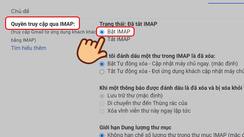 Ở phần Quyền truy cập qua IMAP, chọn vào ô Bật IMAP
